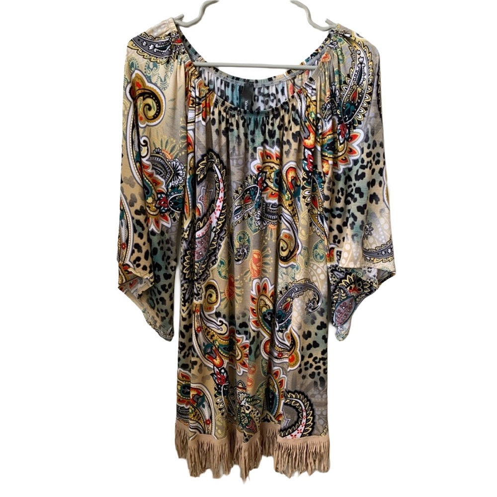 YAHADA Women’s 3/4 Flare Sleeve Tan Faux Suede Fringe Bottom Blouse